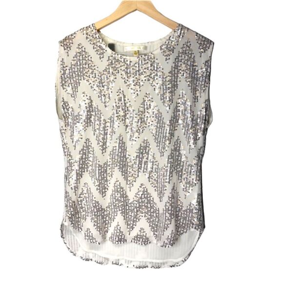 Jenny Han 100% Silk Sleeveless Cream Sequin Boat Neck Blouse Size XS - Picture 1 of 9